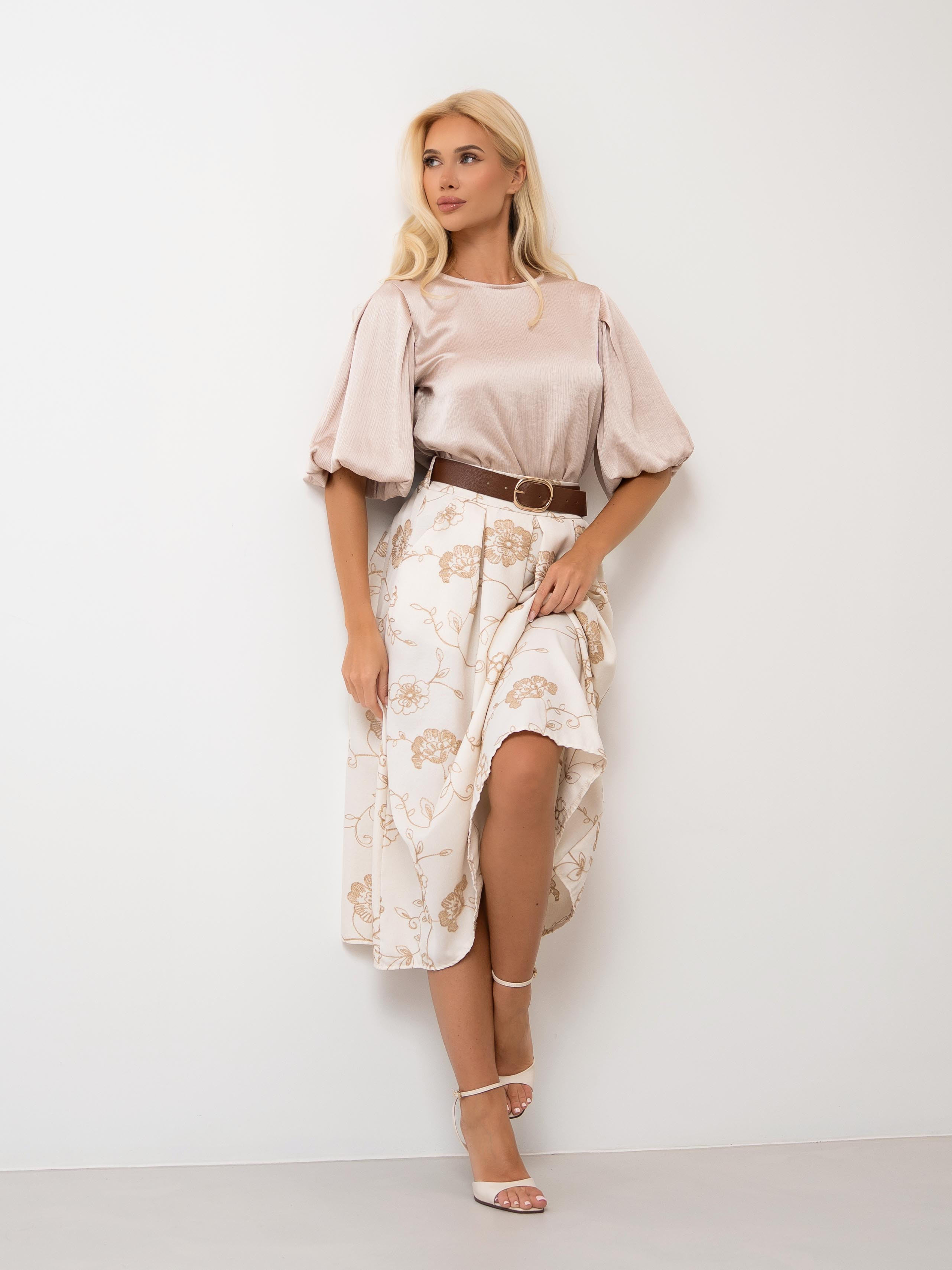 Spódnica midi z haftem kwiatowym i paskiem