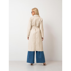 Długi trencz z ekoskóry z wiązaniem w talii