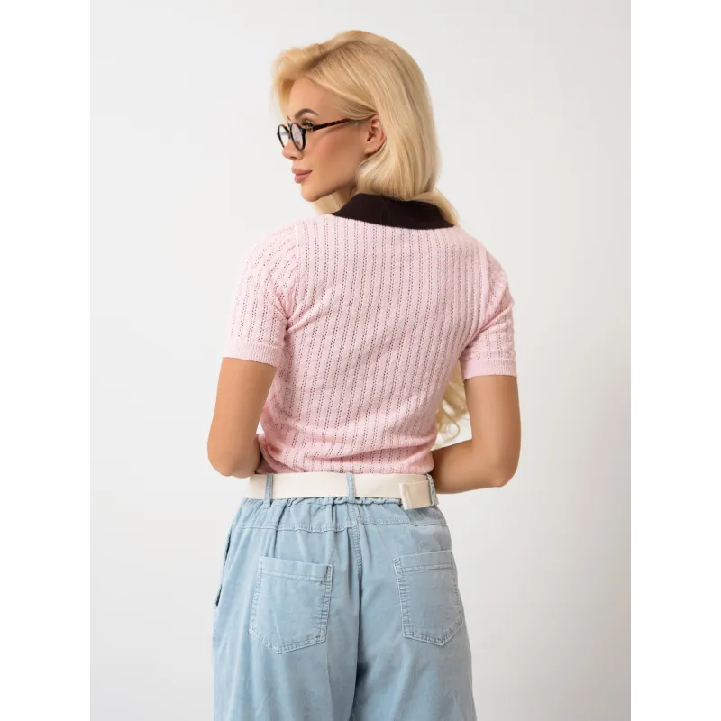 Ażurowa bluzka polo z krótkim rękawem