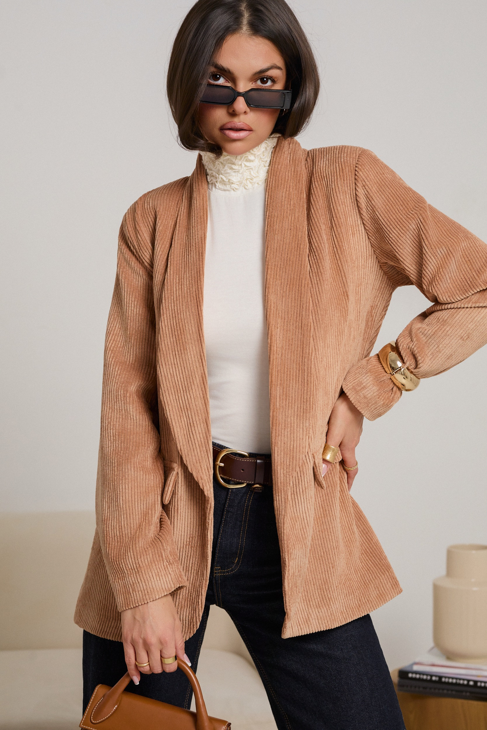 SZTRUKSOWA MARYNARKA Z SZALOWYM KOŁNIERZEM