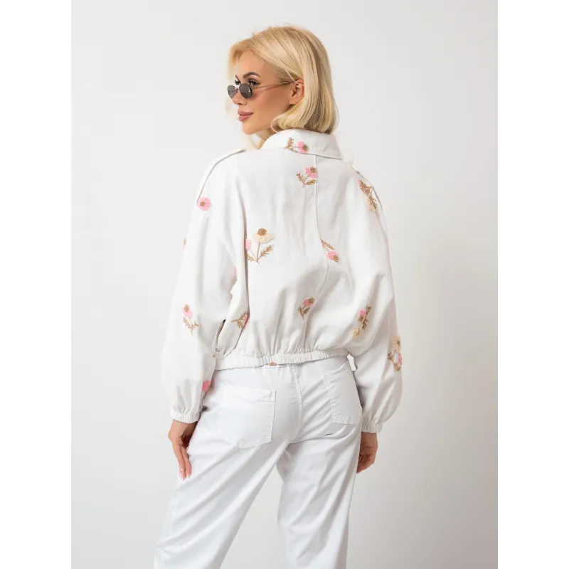 Luźna kurtka bomberka z haftem kwiatowym