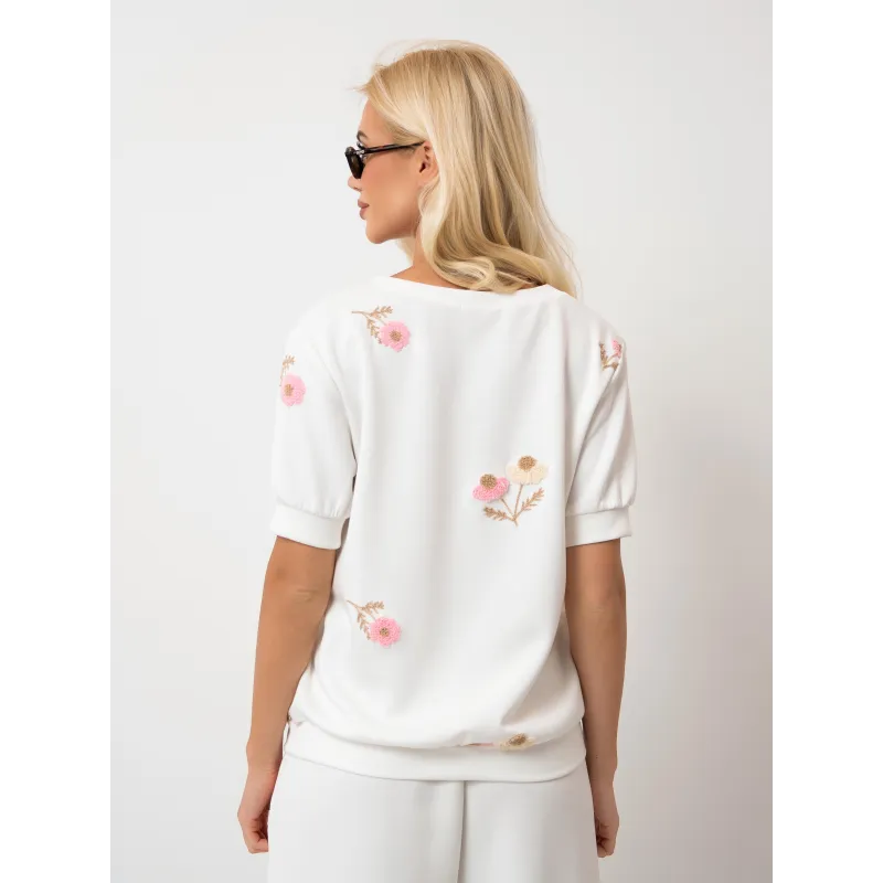 Bluzka z krótkim rękawem i haftowanymi kwiatami