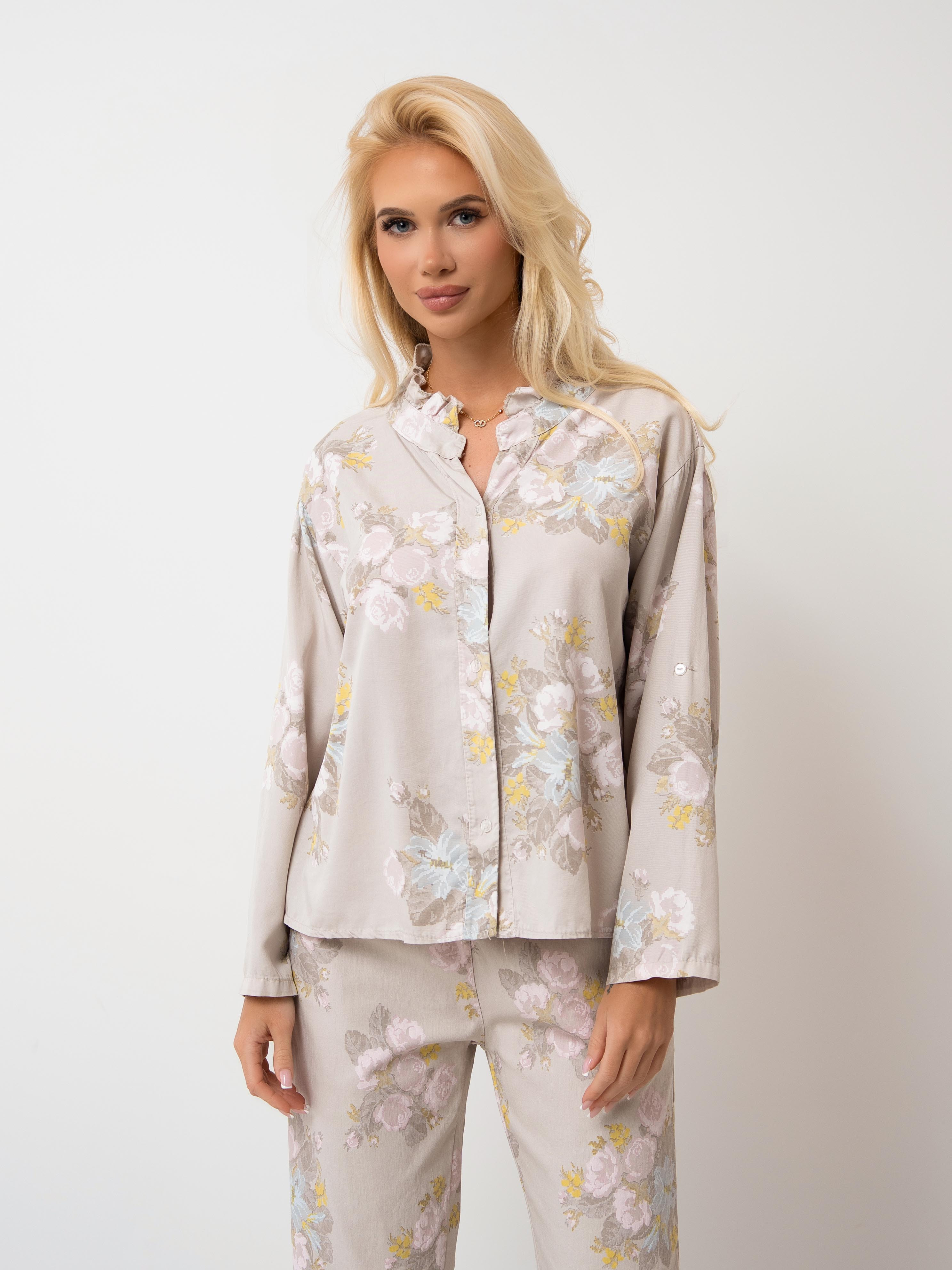 Koszula w pastelowe kwiaty z ozdobną stójką