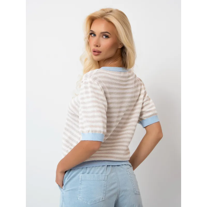 Ażurowy sweter w paski z krótkim rękawem