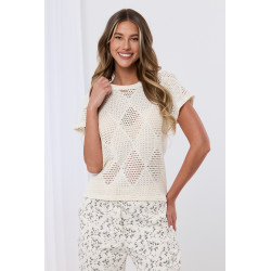 Ażurowa bluzka z krótkim rękawem i fakturą w romby