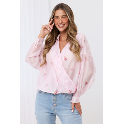 Bluzka kopertowa z motywem kwiatowym i koronkowym wykończeniem